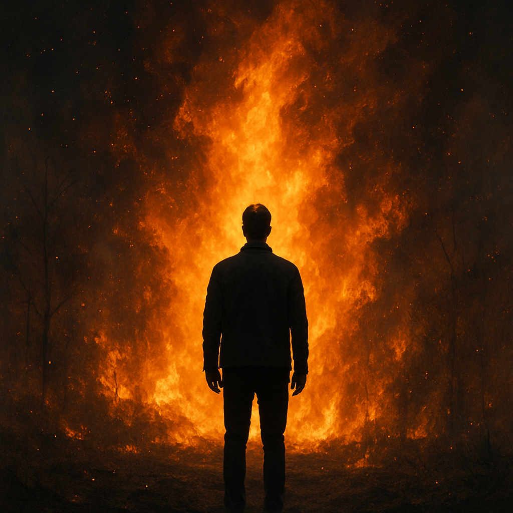 Silhouette against a raging fire.